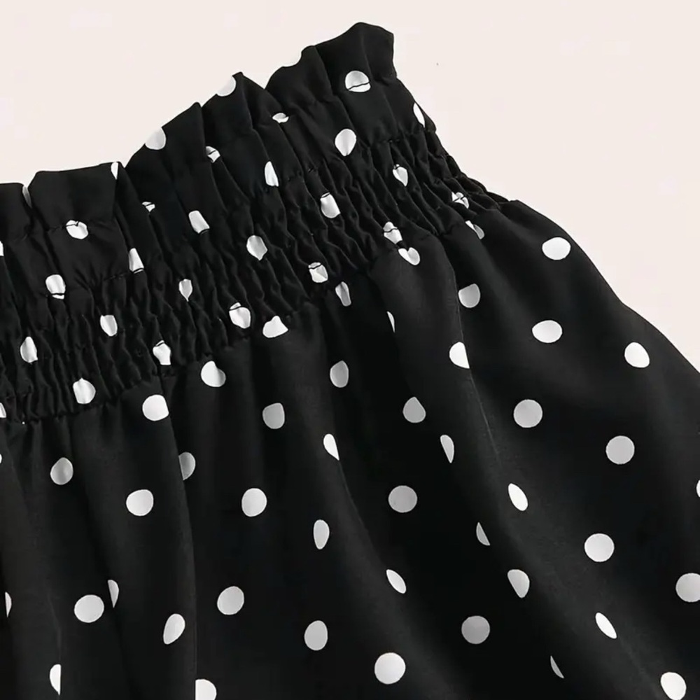 Black White Polka Dot Wide Leg Pants – High Waist Smocked Waistband - Picture 2 of 10